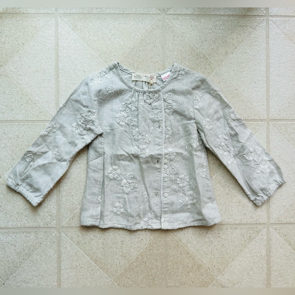Zara BabyGirl Light Gray Embroidered Cotton Top